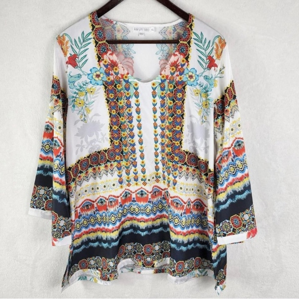Karyn SEO Gorgeous flowy embroidered floral tunic top. EUC. Boho style XL
